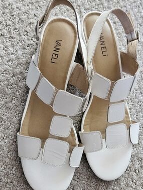 Vaneli White Leather Square-Patch Slingback Sandals